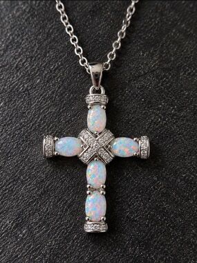 18K White Gold Fire Opal Cross Necklace CZ Created Opal Christian 18-20in Plated